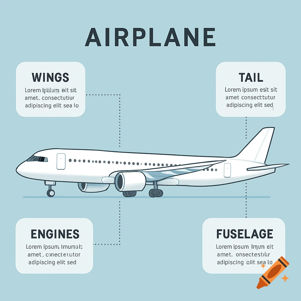 An infographic diagram of a white airplane, labeling its wings, tail, engines, and fuselage, with placeholder text.