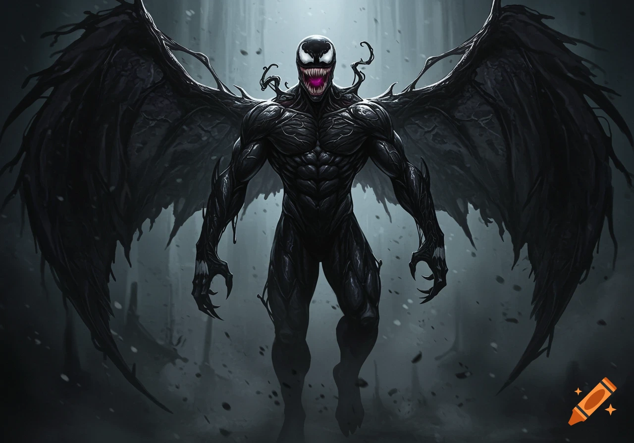 A tall, muscular black symbiote creature with large wings, sharp fangs, and glowing purple eyes stands in a misty, dark environment.