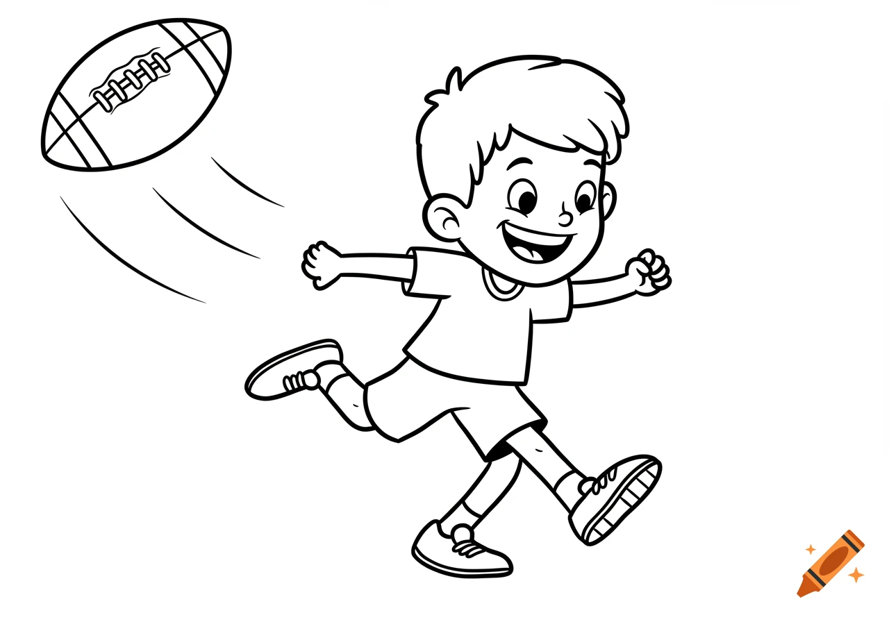 A cartoon boy kicks a football in a black and white line art style.