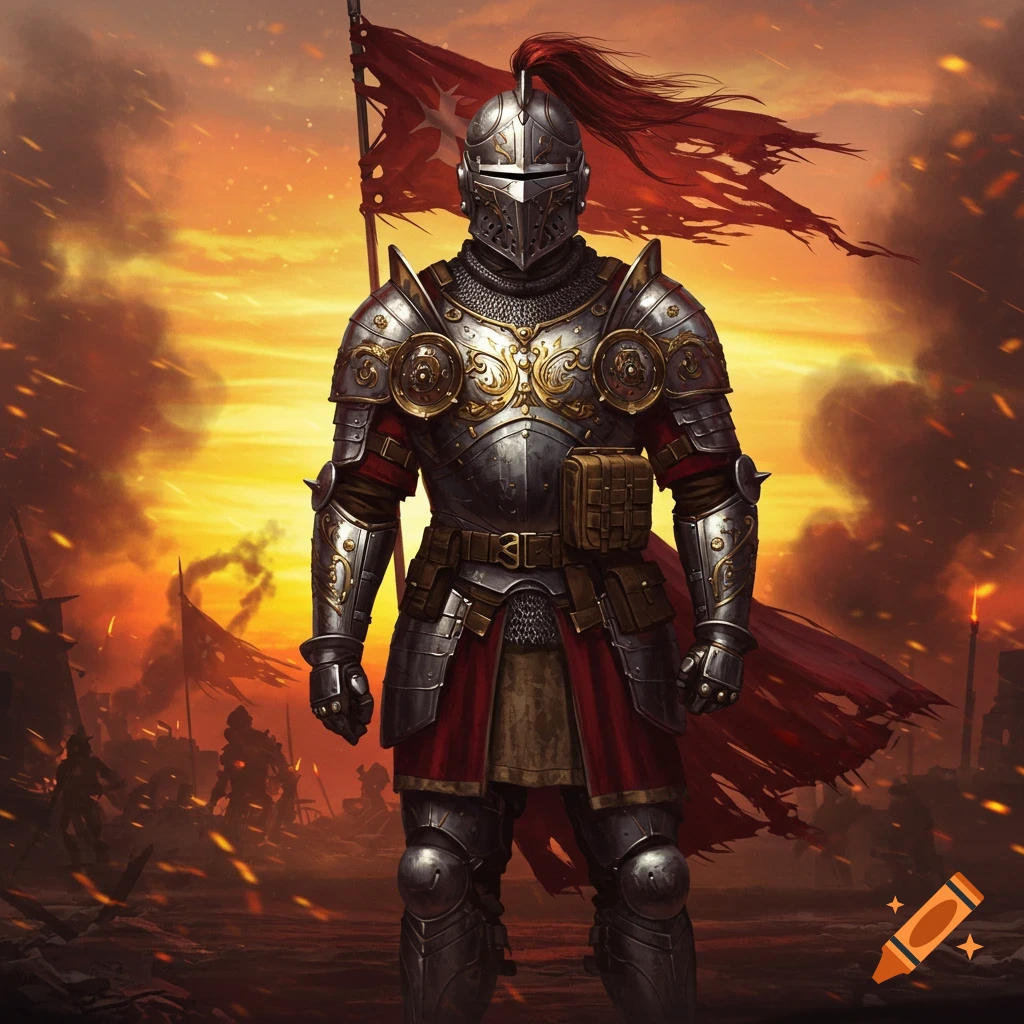 A knight in ornate silver and gold armor stands on a fiery battlefield at sunset, holding a tattered red flag.
