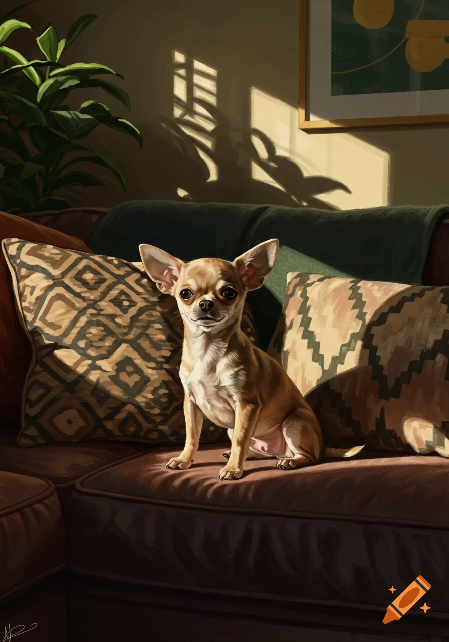 A small, tan chihuahua sits on a brown couch with patterned pillows, bathed in sunlight from a window.