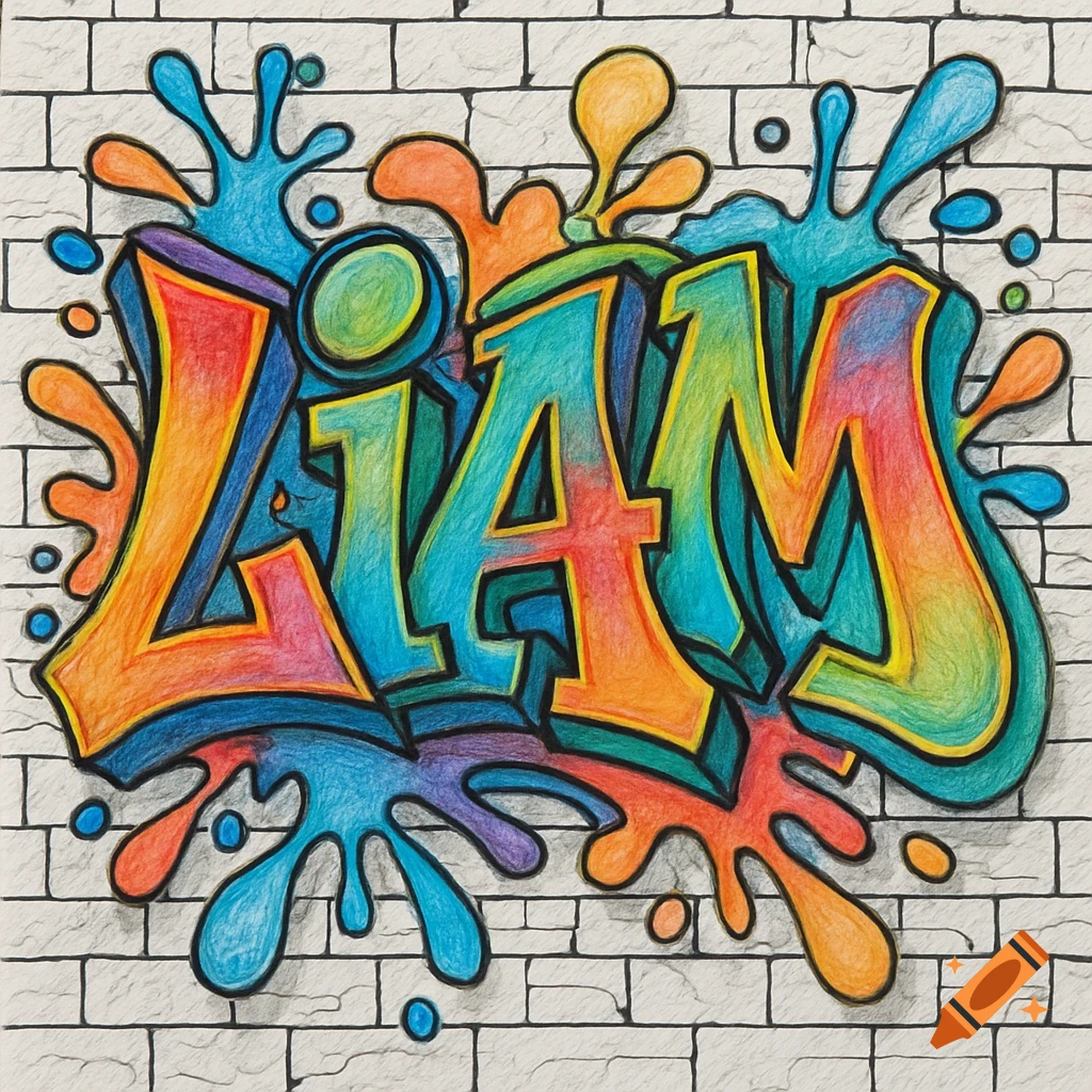 Colorful graffiti art spelling the name Liam on a white brick wall.