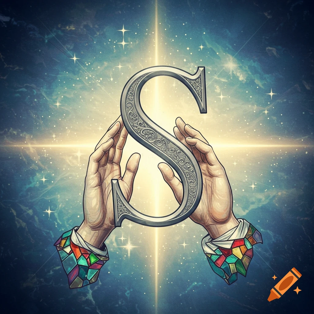 Ornate silver capital letter S held by two hands with stained-glass cuffs, set against a starry cosmic background with bright light.