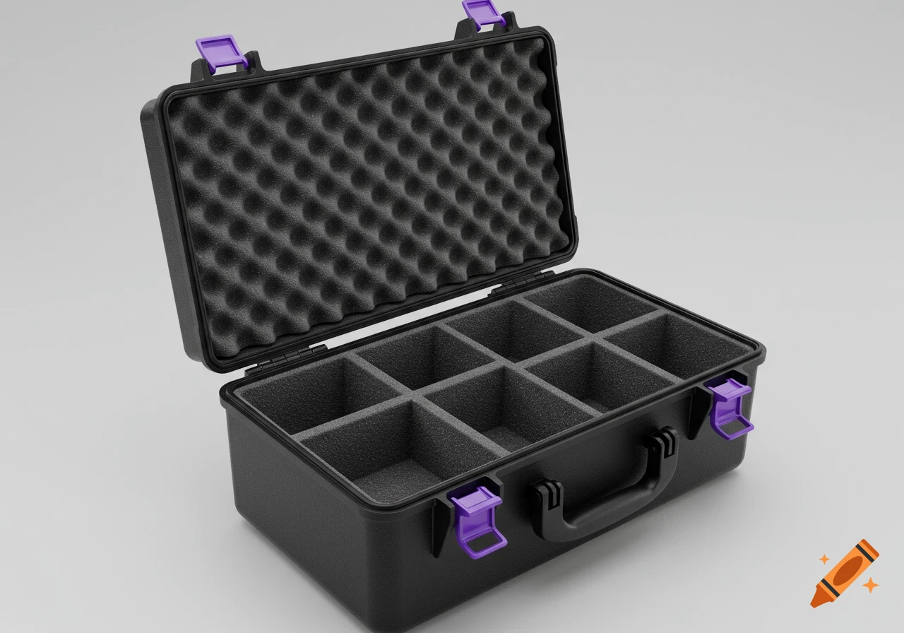 A highly detailed, photo-realistic image of an open black storage case with a hinged lid lined with foam, internal compartments, and purple latches and handles.