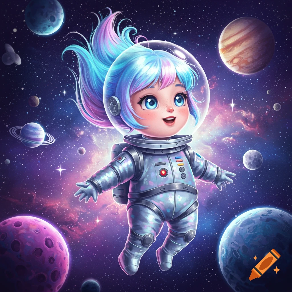 A cute, blue-haired girl astronaut floats in deep space, surrounded by colorful planets and stars, in a digital art style.