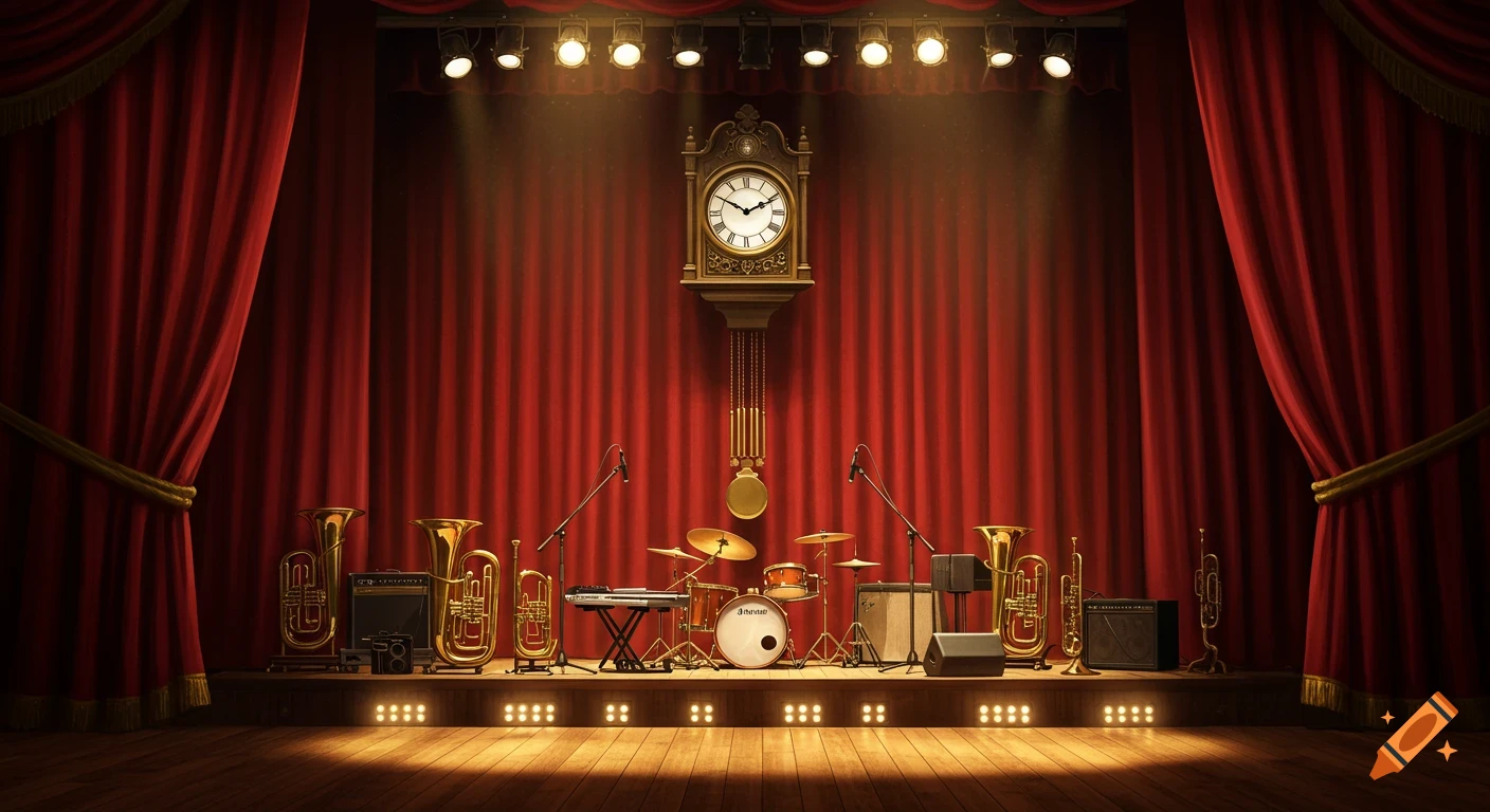 A spotlighted theater stage with red curtains, featuring a large clock, brass instruments, a drum set, and a keyboard.