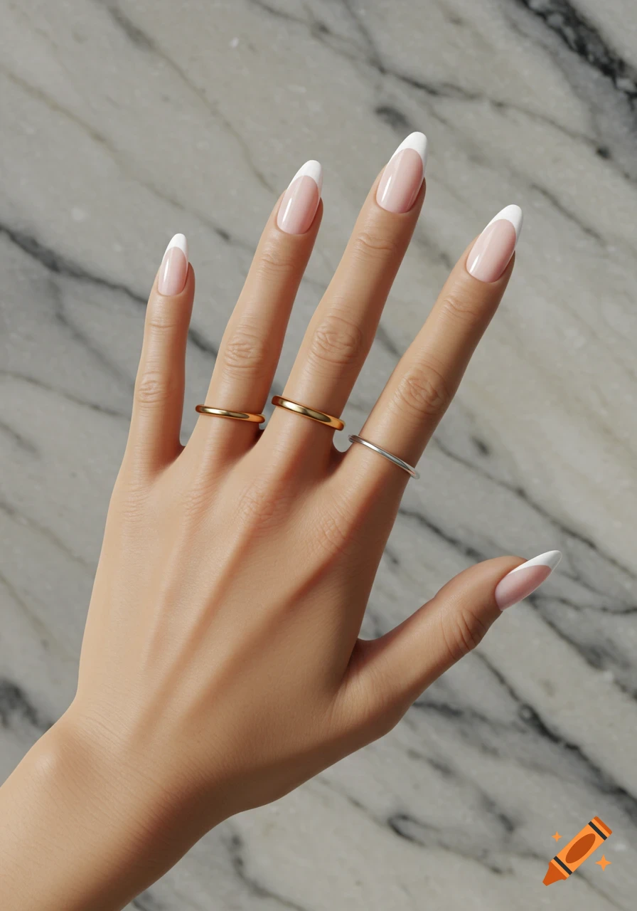 A hand with long, elegant French tip nails and three simple rings (two gold, one silver) against a marble background.