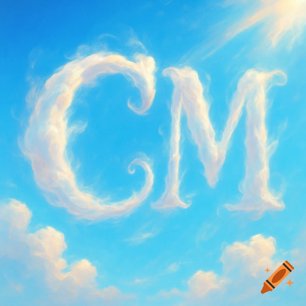 Capital letters 'C' and 'M' formed by white, fluffy clouds against a bright blue sky with a hint of sun.