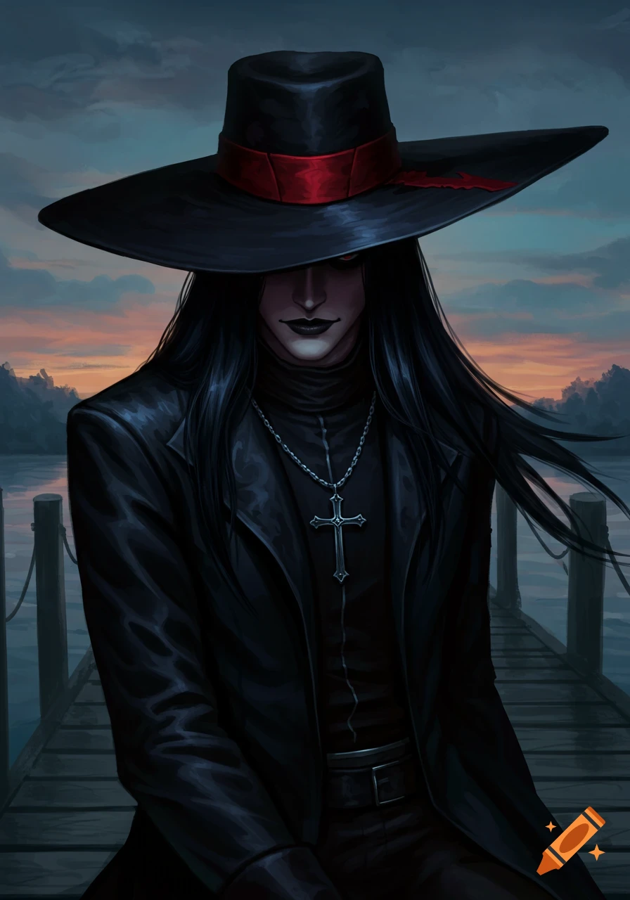 A mysterious figure in a wide-brimmed hat and black outfit with a cross necklace stands on a dock at twilight, rendered in a gothic illustration style.