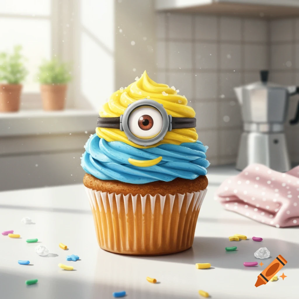 A photorealistic Minion-themed cupcake with yellow and blue frosting, a single goggle eye, and a smile, sitting on a kitchen counter with sprinkles.
