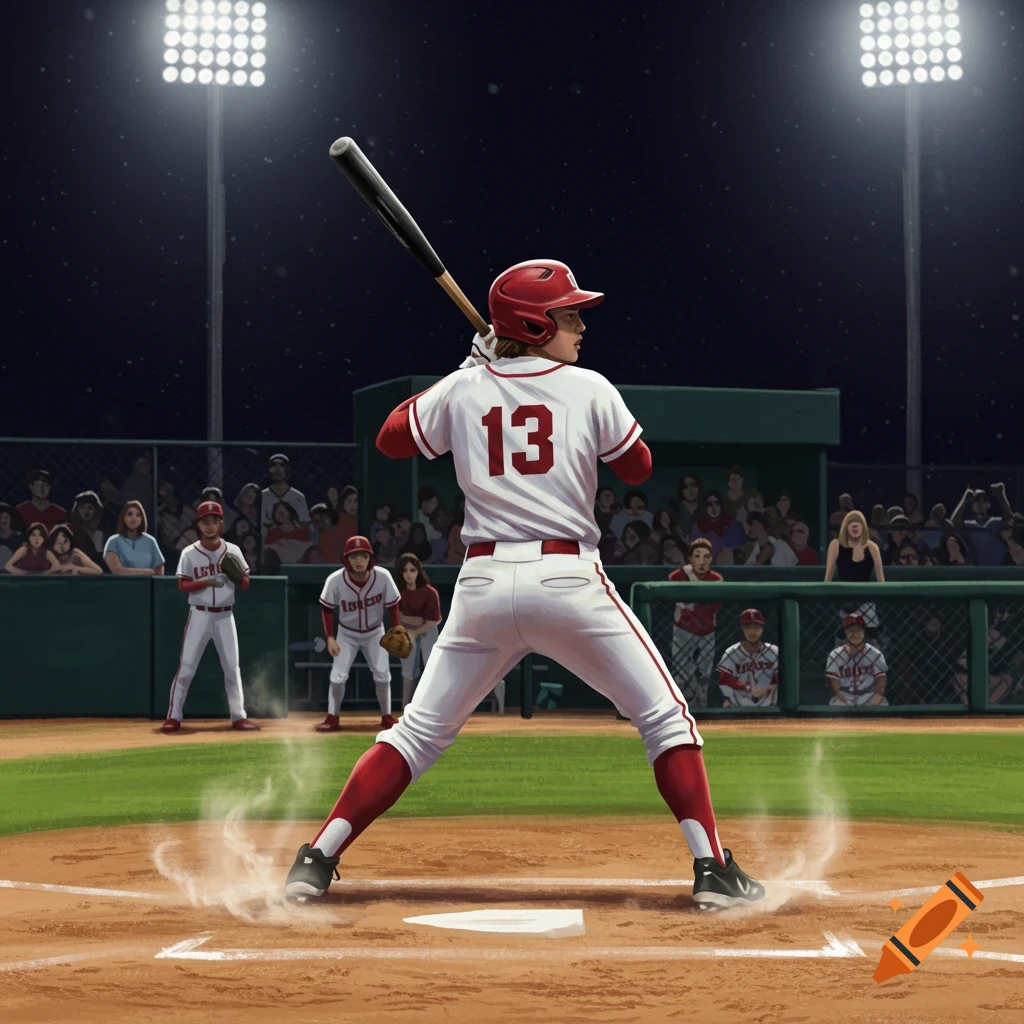 A baseball player in a red helmet and white and red uniform with number 13 bats on a field at night under stadium lights.