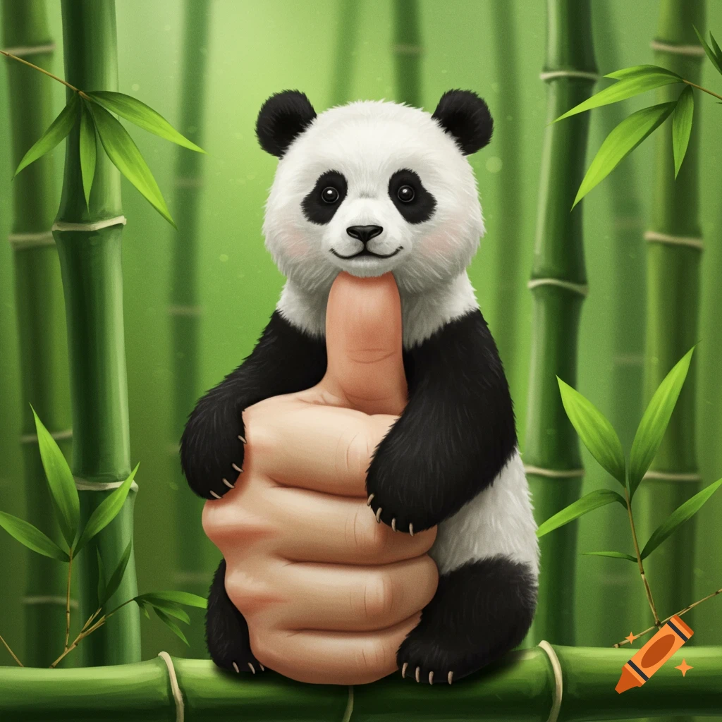 A cute cartoon panda smiling and embracing a large human thumb against a green bamboo forest background, in an illustrative style.