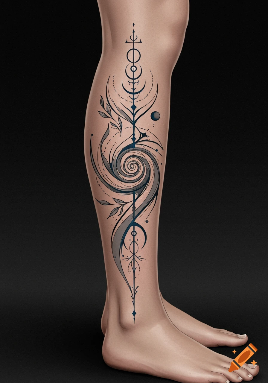 Close-up of a leg with an intricate, stylized tattoo featuring abstract geometric shapes, a central spiral, and leaf motifs.