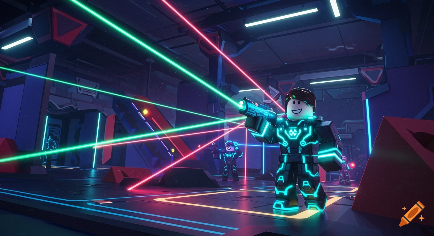 A Roblox character in a futuristic neon suit holds a laser gun in a dark laser tag arena filled with red and green laser beams.