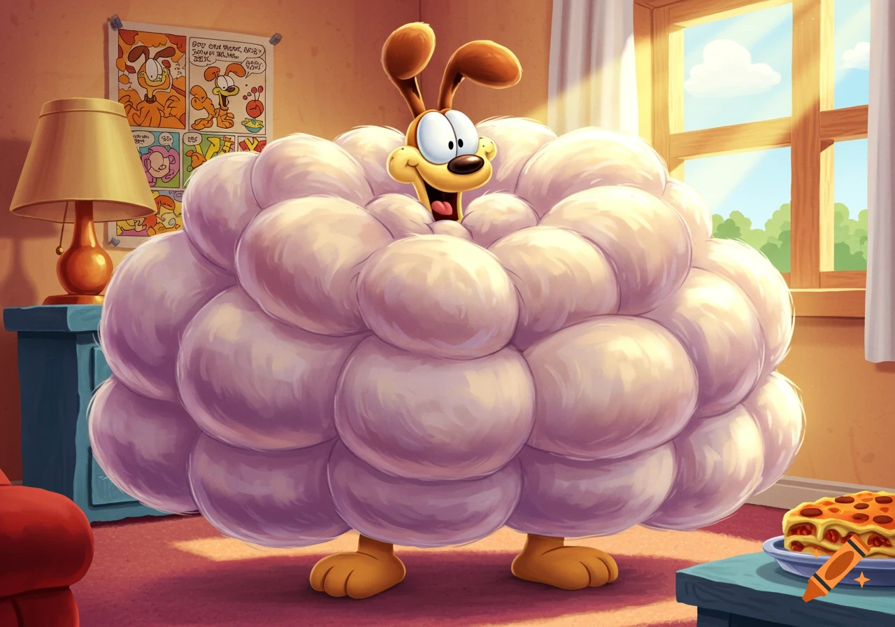 Odie, a cartoon dog, is covered in a giant, puffy white mass, standing in a brightly lit room with a comic poster and pizza.