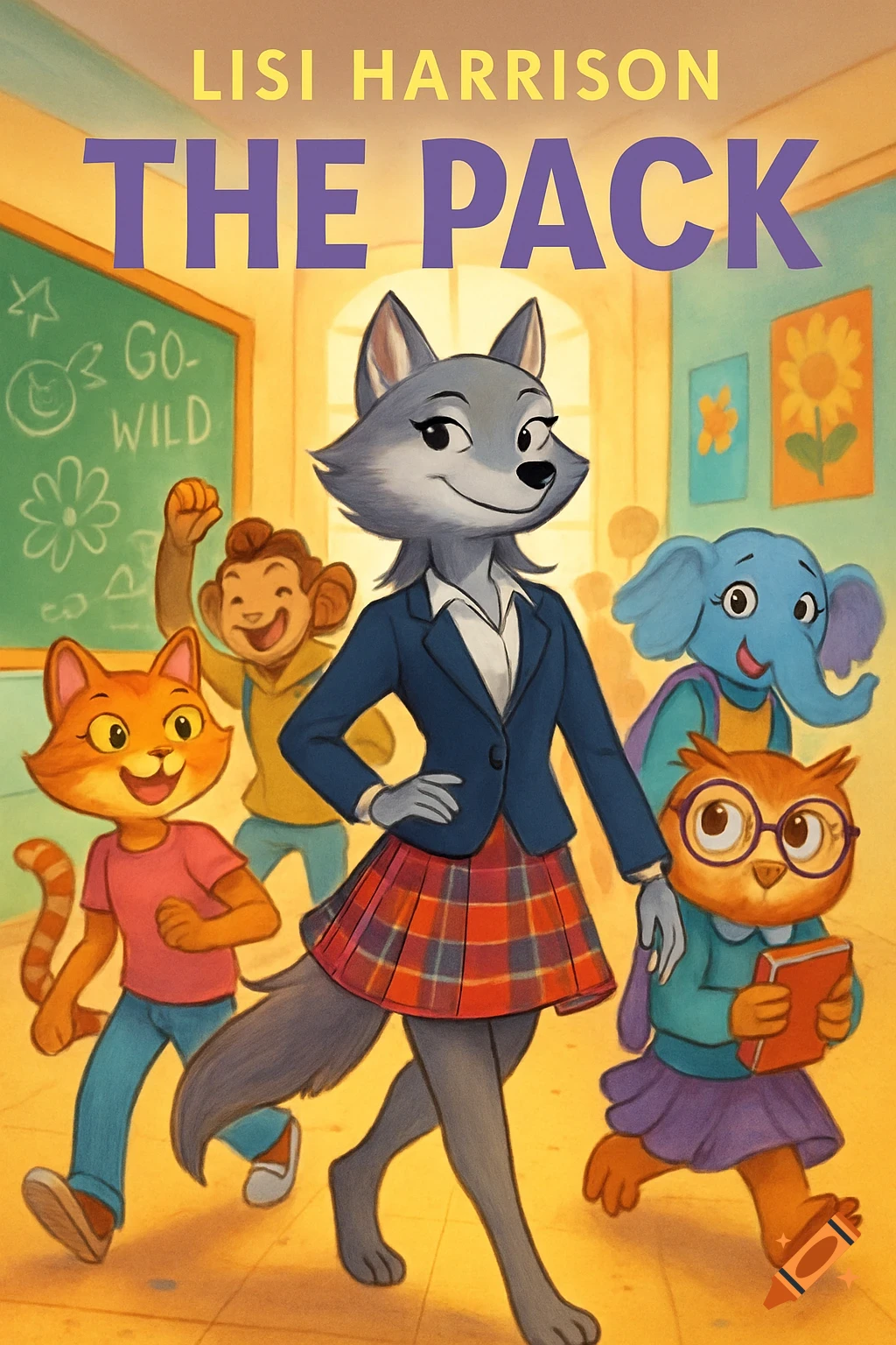 A wolf student wearing a blazer and plaid skirt walks with a cat, monkey, elephant, and owl student in a school hallway. Text reads "LISI HARRISON THE PACK" at the top.