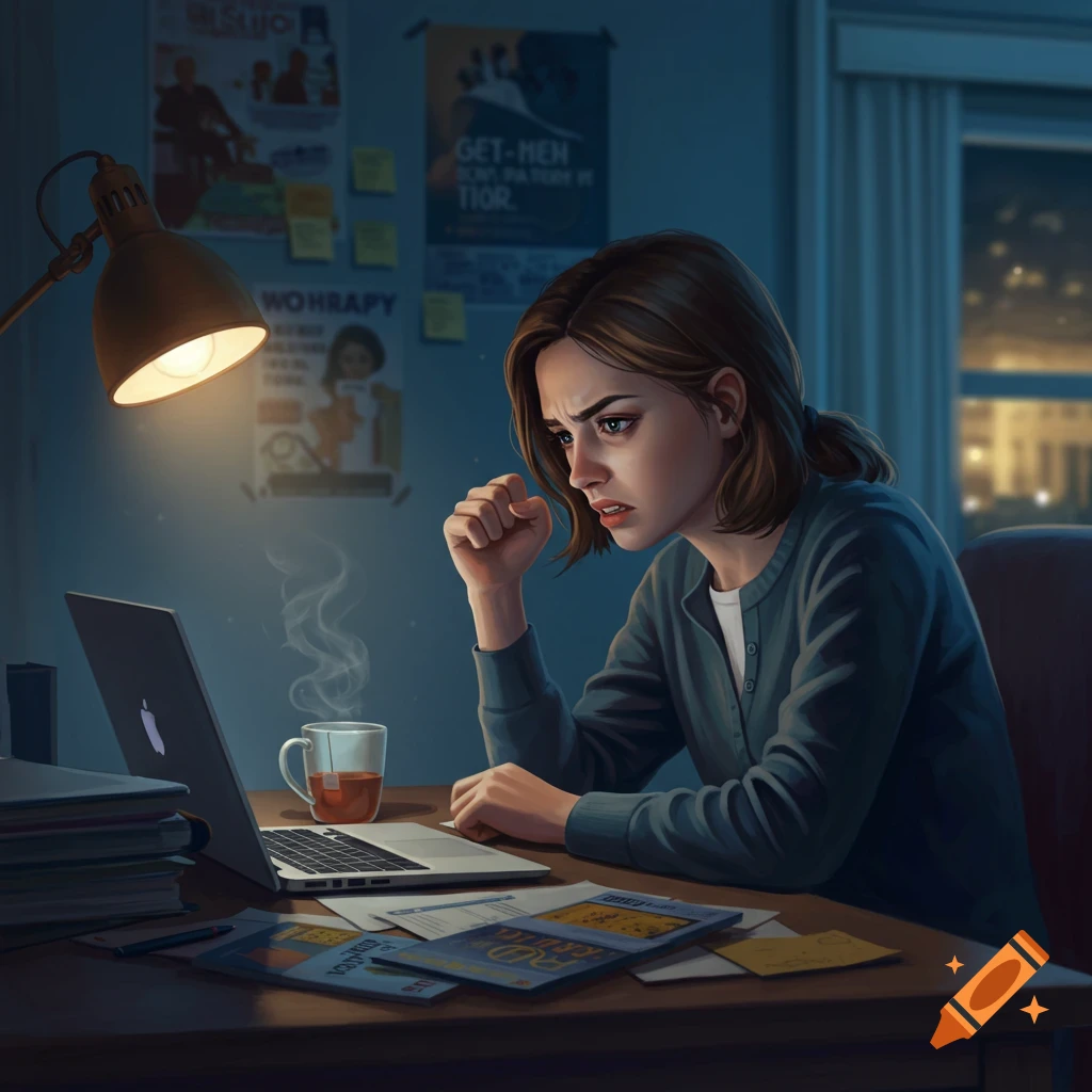 A digital painting of a stressed woman looking intently at a laptop screen at a desk with a lamp, mug, and papers.