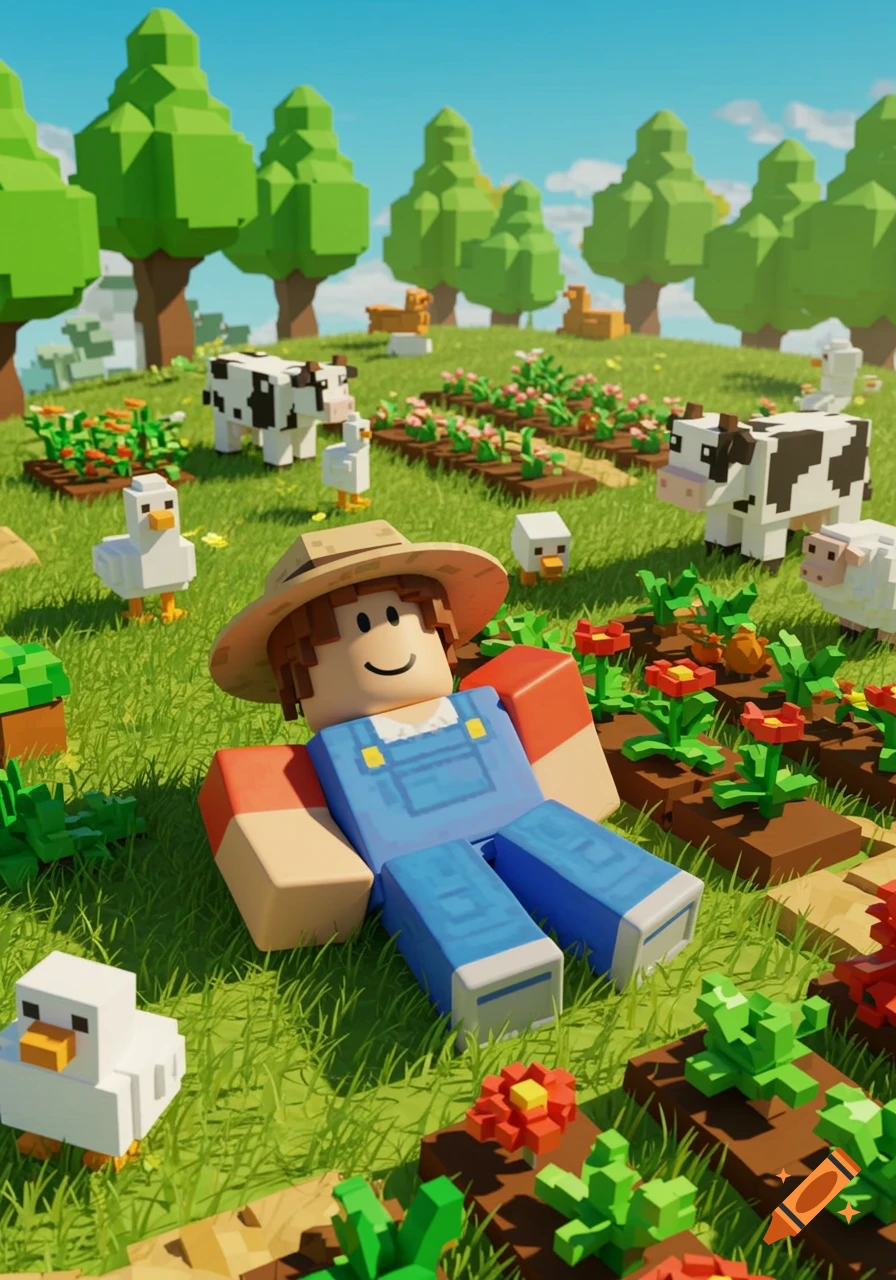 A Roblox character in overalls and a straw hat lies relaxed in a blocky farm field surrounded by blocky cows, chickens, ducks, and planted flowers under a sunny sky.