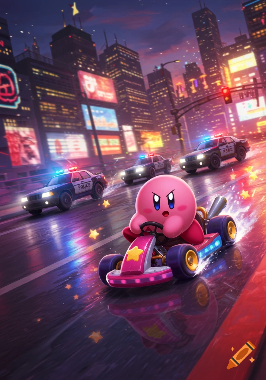 Kirby races a pink go-kart through a neon-lit city at night, evading police cars in a dynamic car chase scene.