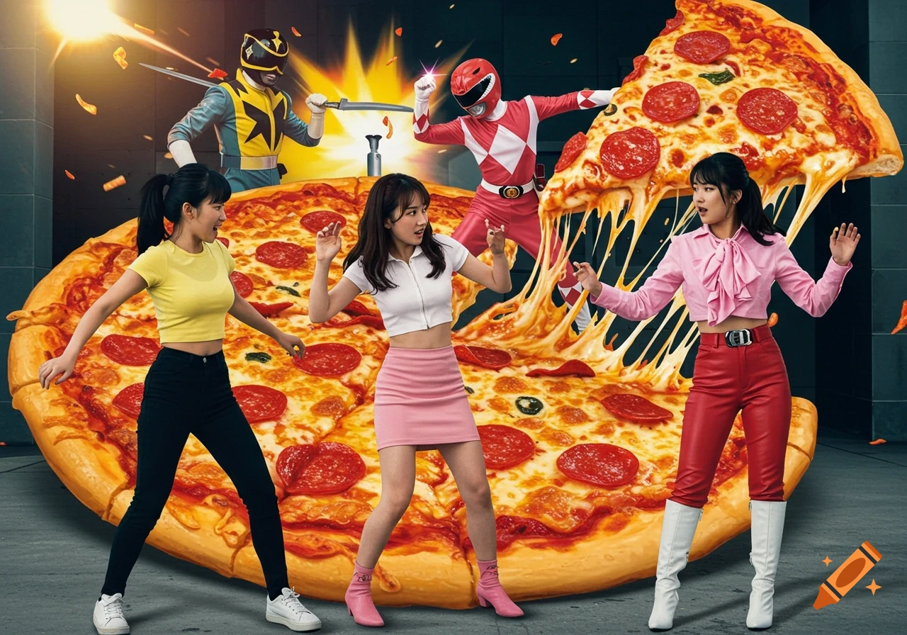 Three women and two Power Rangers battling a giant pizza. The women are on top of the pizza, which has melting cheese.
