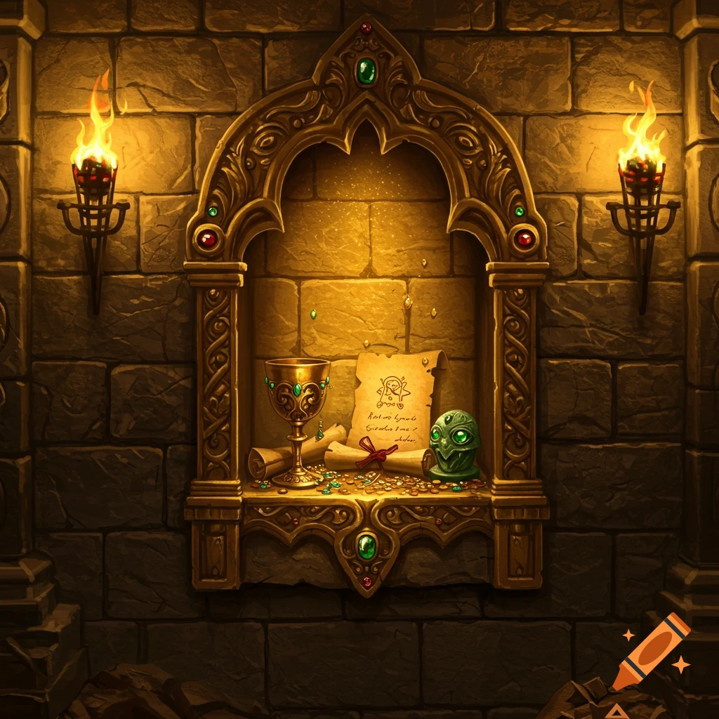 An ornate golden niche holding a goblet, coins, gems, and a scroll, set into a stone wall lit by torches in a fantasy style.