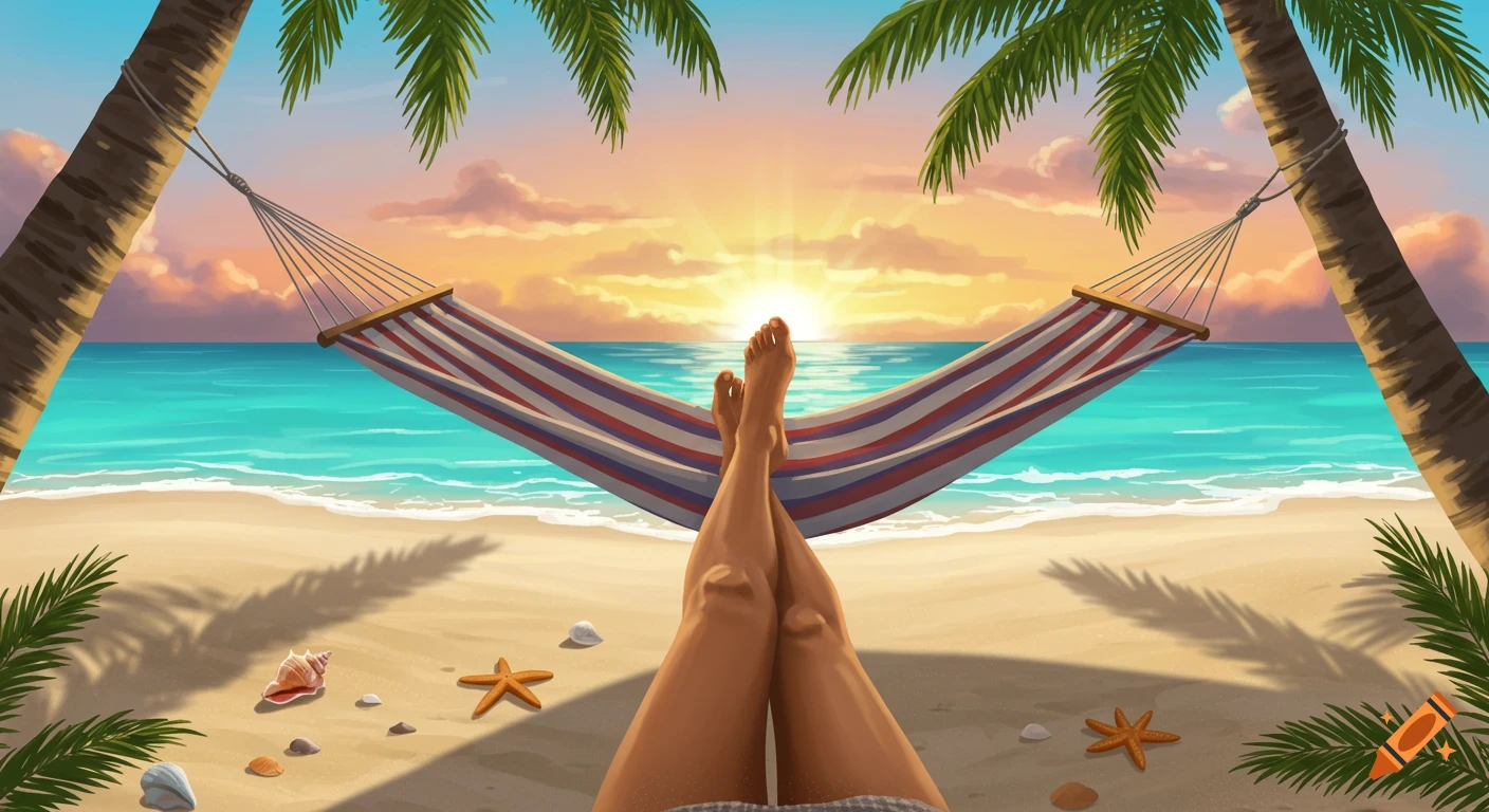 A first-person view of legs and bare feet relaxing in a striped hammock on a sunny beach with the ocean and a sunset in the background.