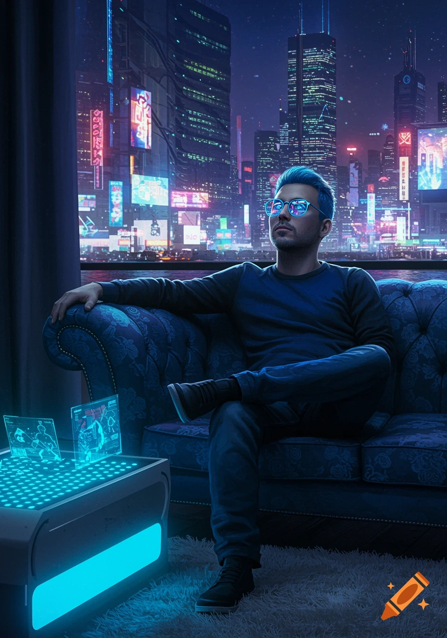 Man with blue hair and glasses on a couch, looking at a futuristic cyberpunk city at night with neon lights and holograms.