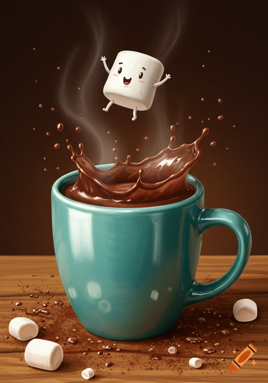 A happy cartoon marshmallow jumps into a splashing teal mug of hot chocolate, with chocolate spills and marshmallows on a wooden table.