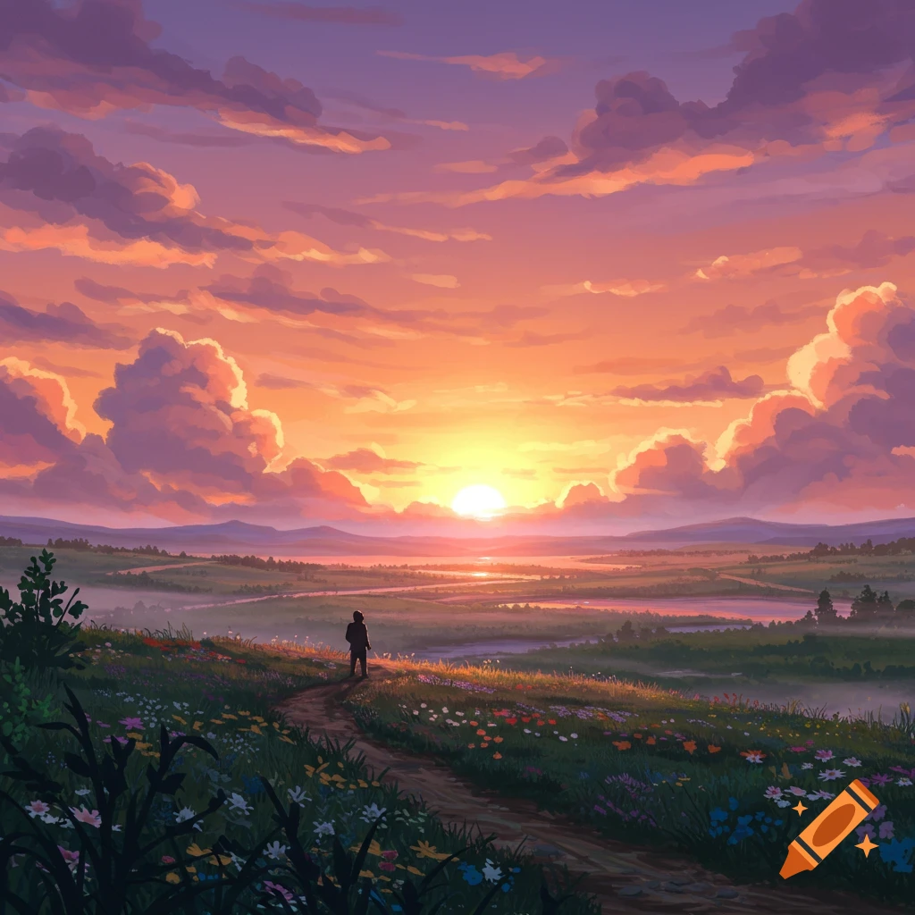 A lone figure stands on a grassy hill path, looking out at a vibrant sunrise over a misty, sprawling landscape with a winding river. Digital art.