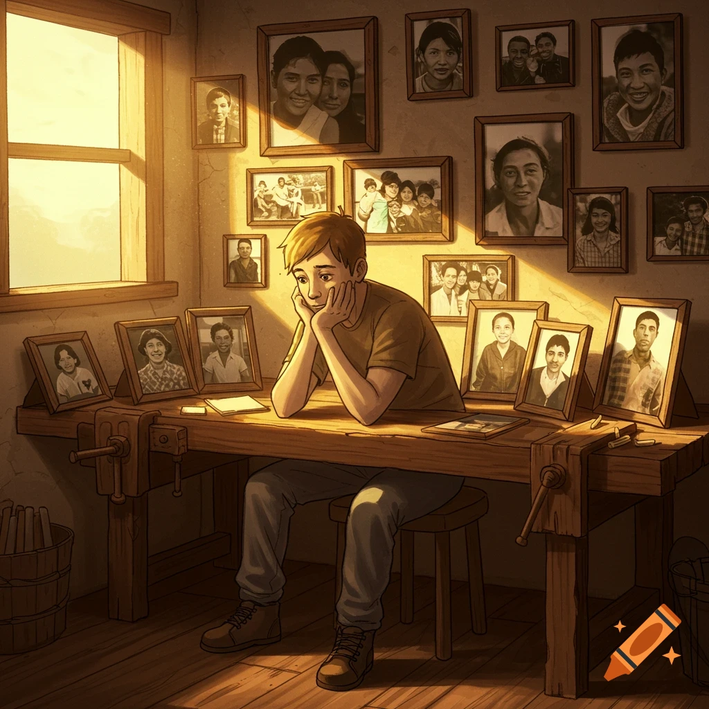 A contemplative young man sits at a wooden table surrounded by numerous framed family photos in a warmly lit room.