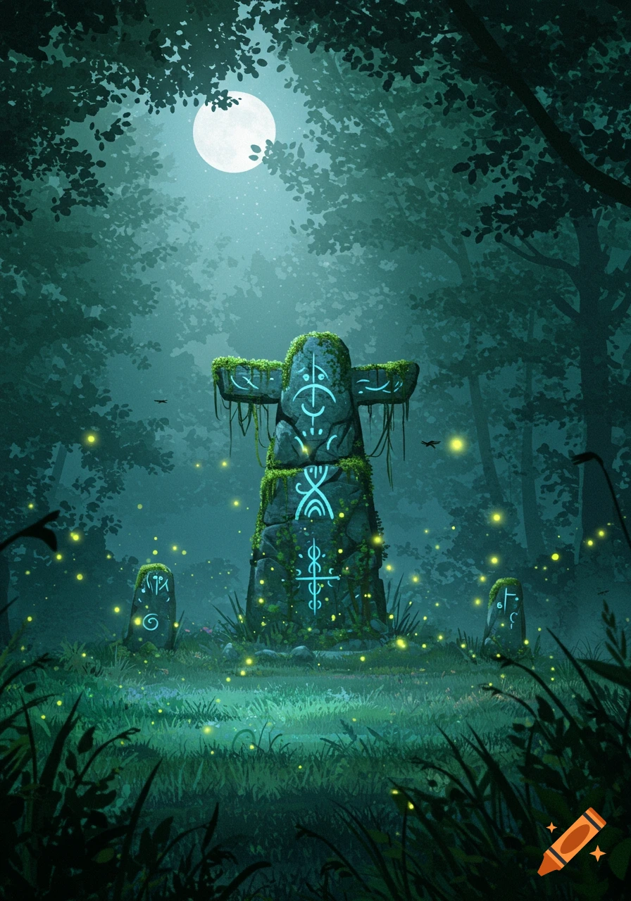 A mystical scene of a moss-covered stone monument with glowing blue runes in a dark forest at night, illuminated by a full moon and fireflies.