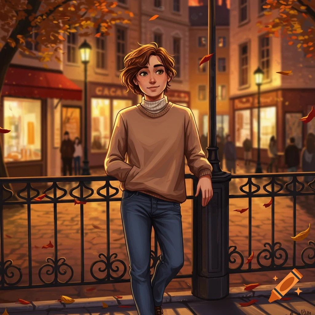 An illustrated young person in a brown sweater and jeans leans on a lamppost on an autumn city street at sunset.