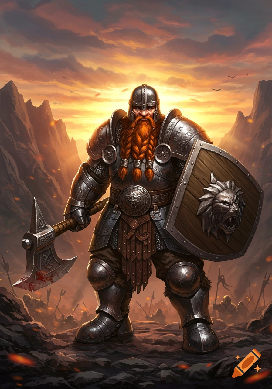 A heavily armored dwarf warrior with a braided orange beard holds a battle-axe and shield on a battlefield at sunset.