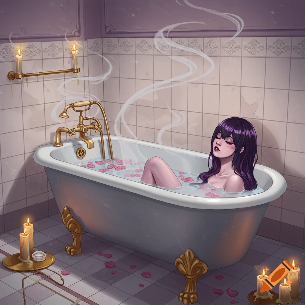 An anime-style illustration of a young woman with dark purple hair relaxing in a bathtub with rose petals and lit candles.