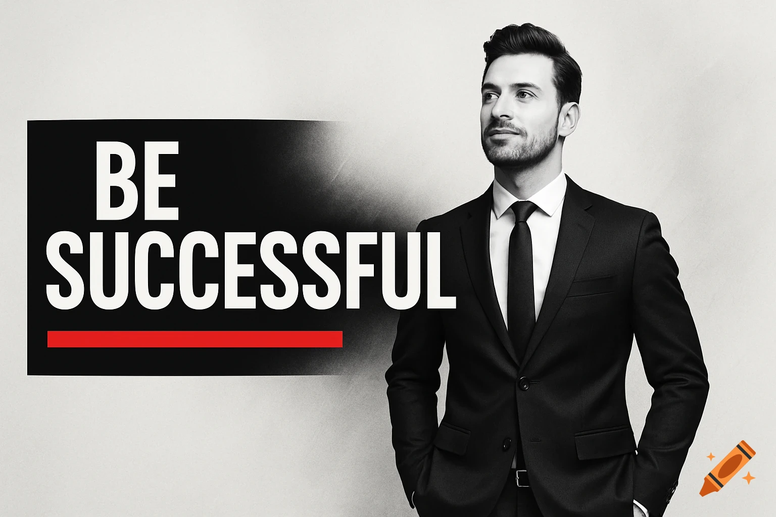 A man in a suit looks confidently at text reading 'BE SUCCESSFUL' on a black and white background with a red accent.