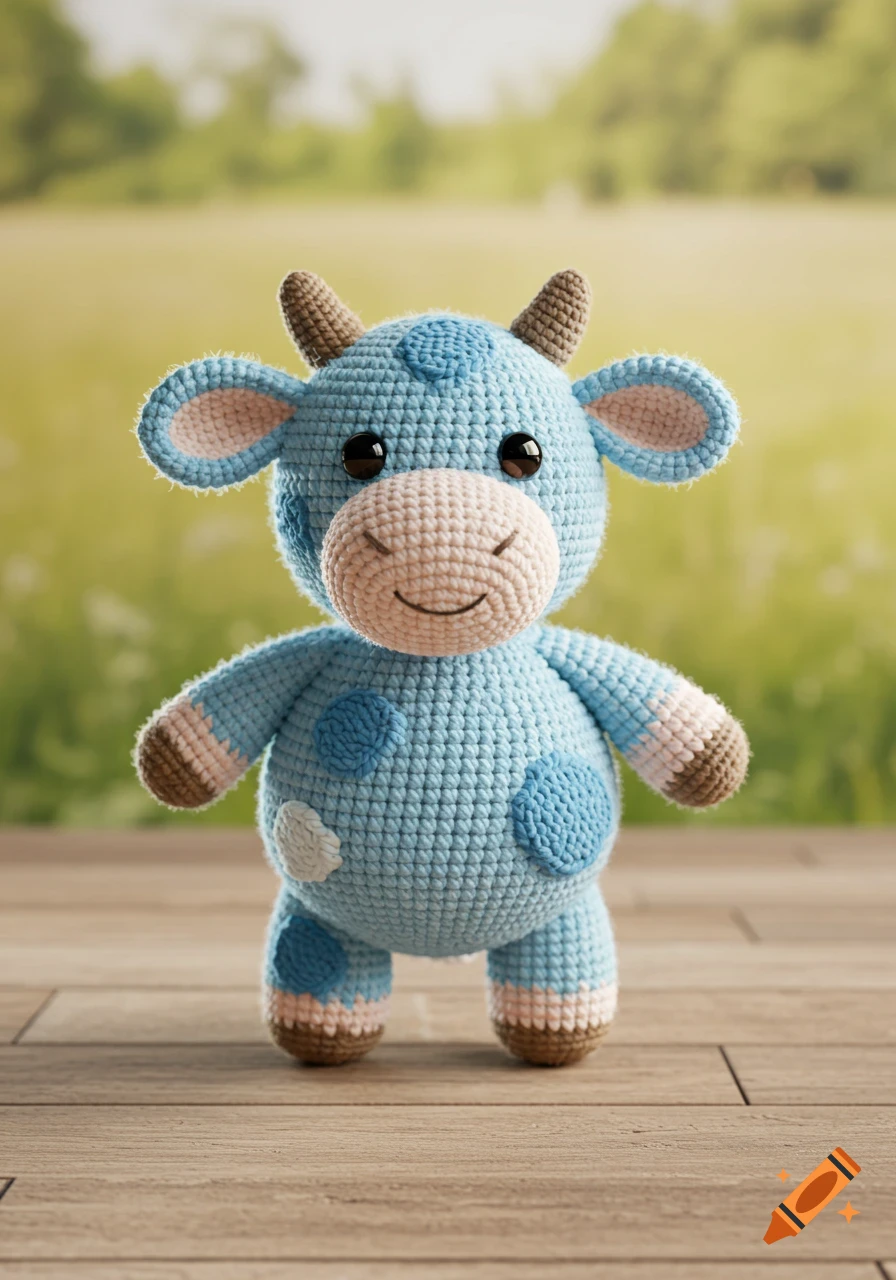 A blue crochet cow with white and light blue spots stands on a wooden surface with a blurry green field in the background.