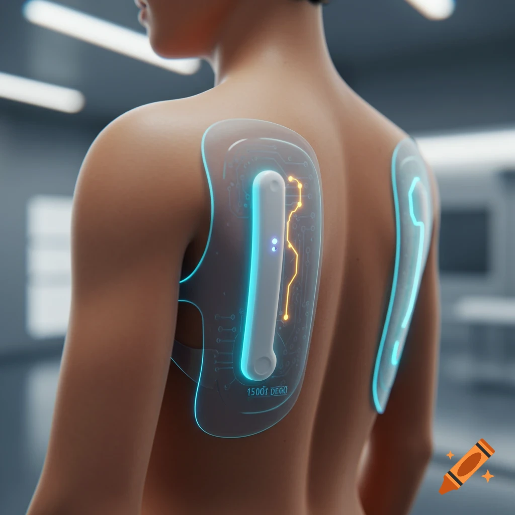 Photorealistic image of a futuristic, glowing blue and orange transparent device attached to a person's bare upper back.