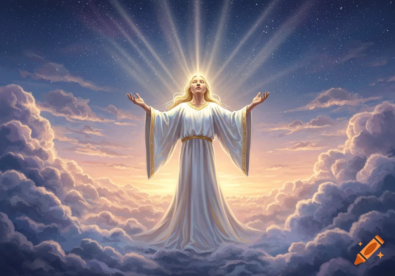 A blonde woman in a white gown stands with arms outstretched amidst glowing clouds and a starry night sky with radiant light.