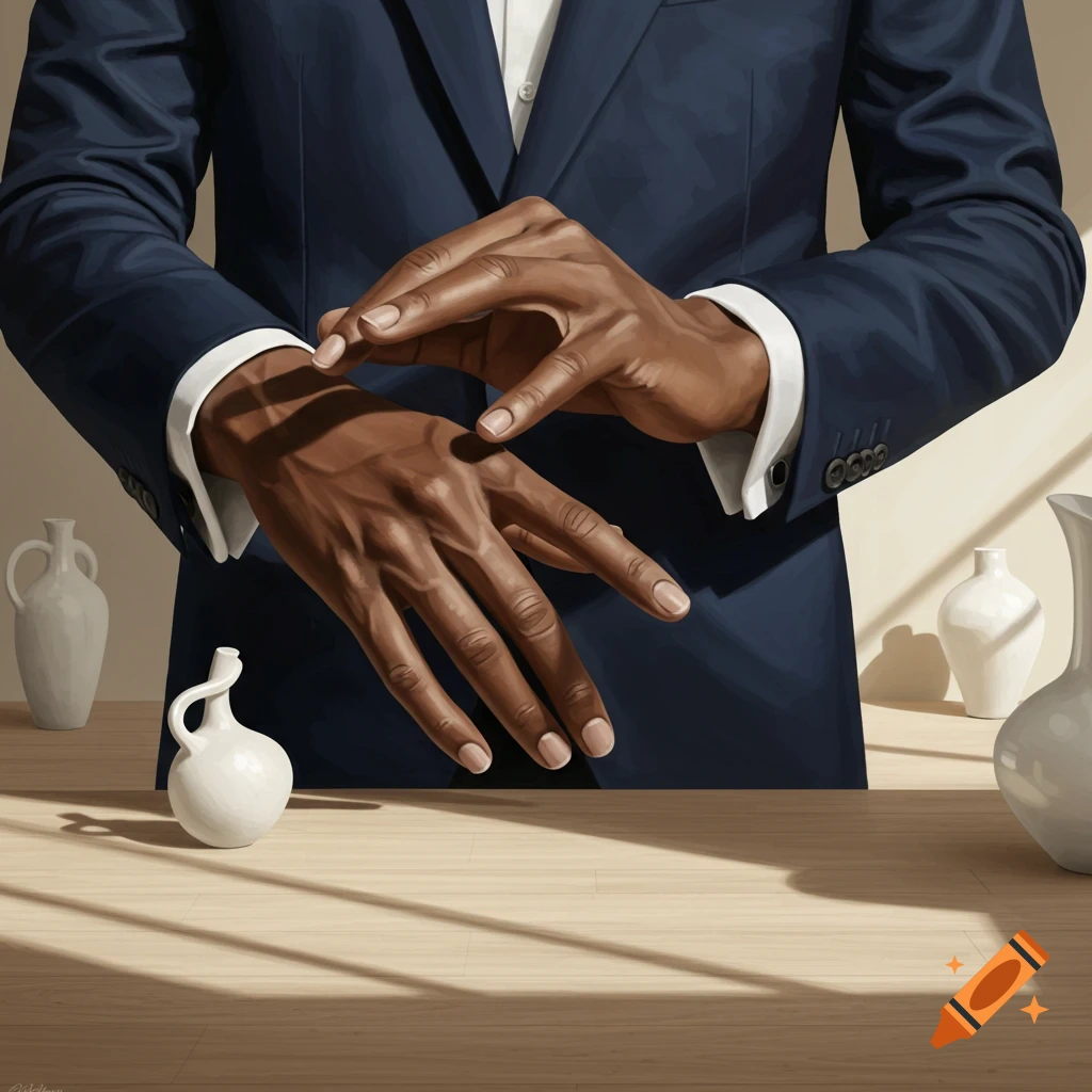 Close-up of a man in a dark suit adjusting his cuff, with dark-skinned hands and white vases on a sunlit wooden table.