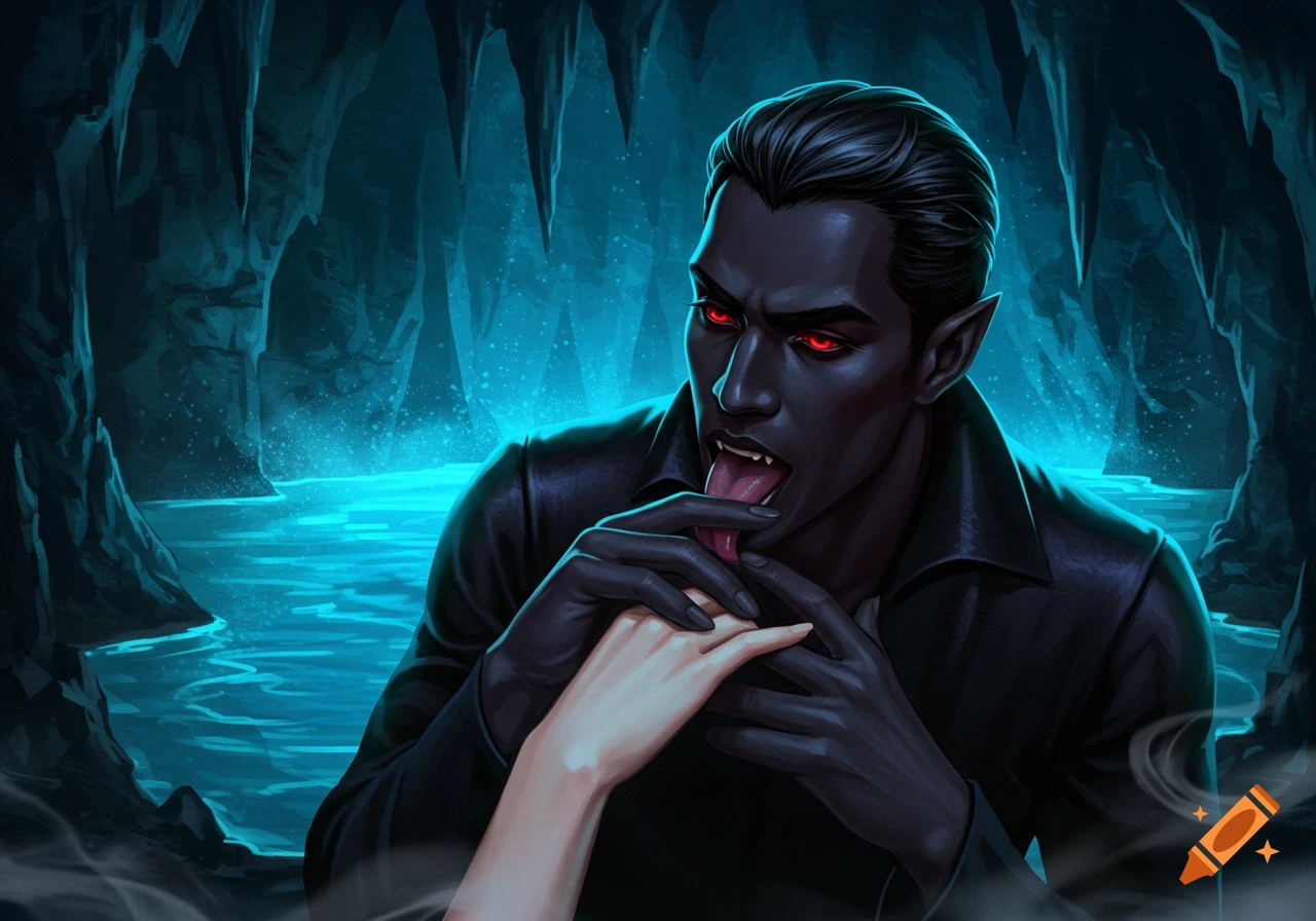 A dark-skinned vampire with red eyes and pointed ears licks a pale hand's knuckles in a mystical blue cave.