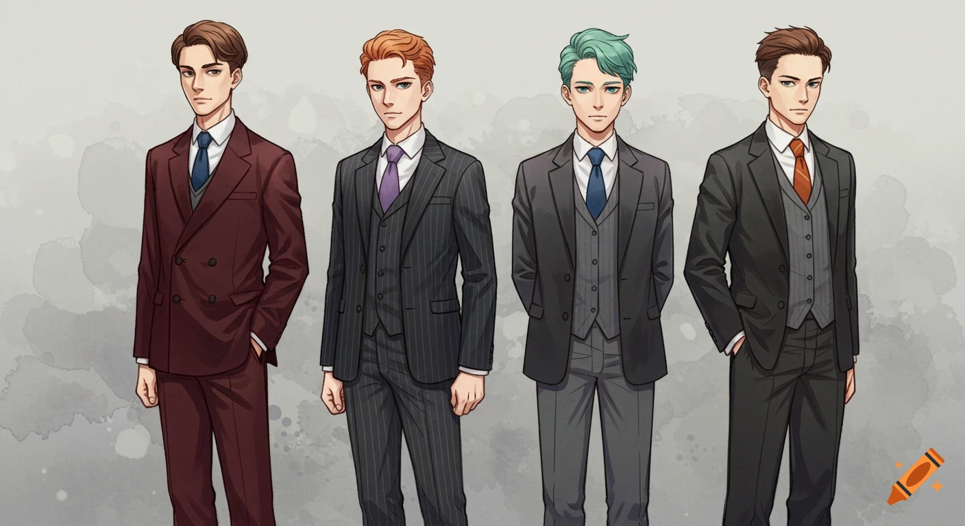 Four anime-style young men standing in a row, each wearing a different color formal suit and tie.
