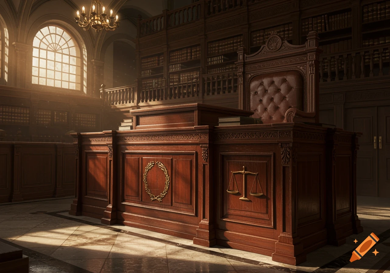 Ornate wooden judge's stand and chair in a sunlit, stately courtroom with high bookshelves.