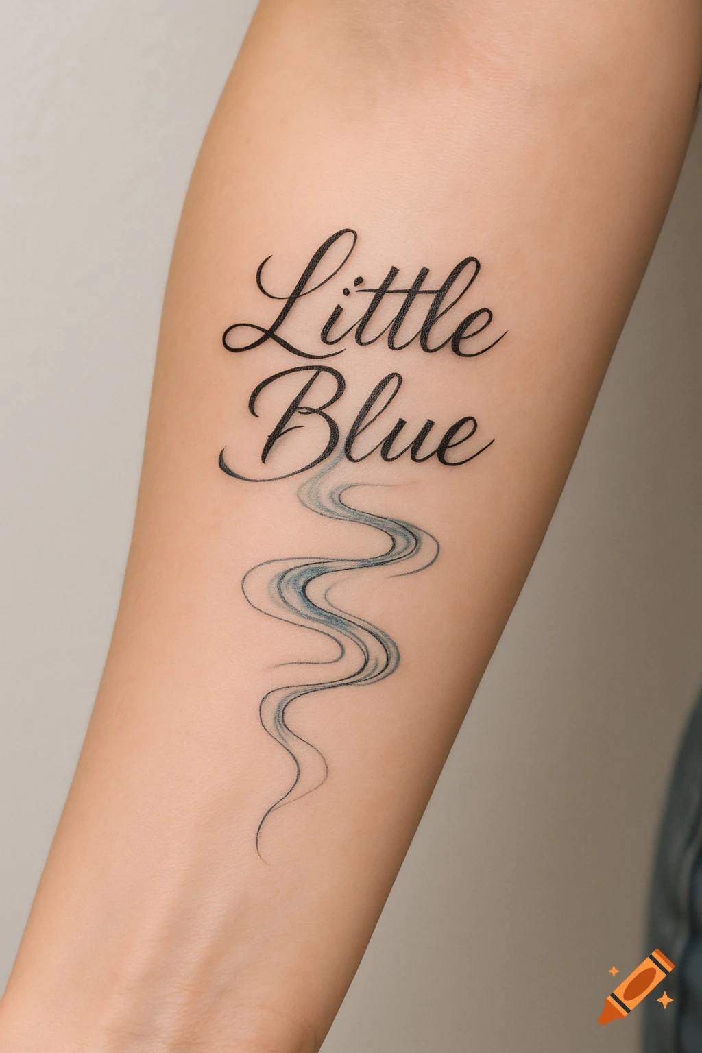 A tattoo on a forearm reads "Little Blue" in script, with blue wavy lines resembling a river below it.