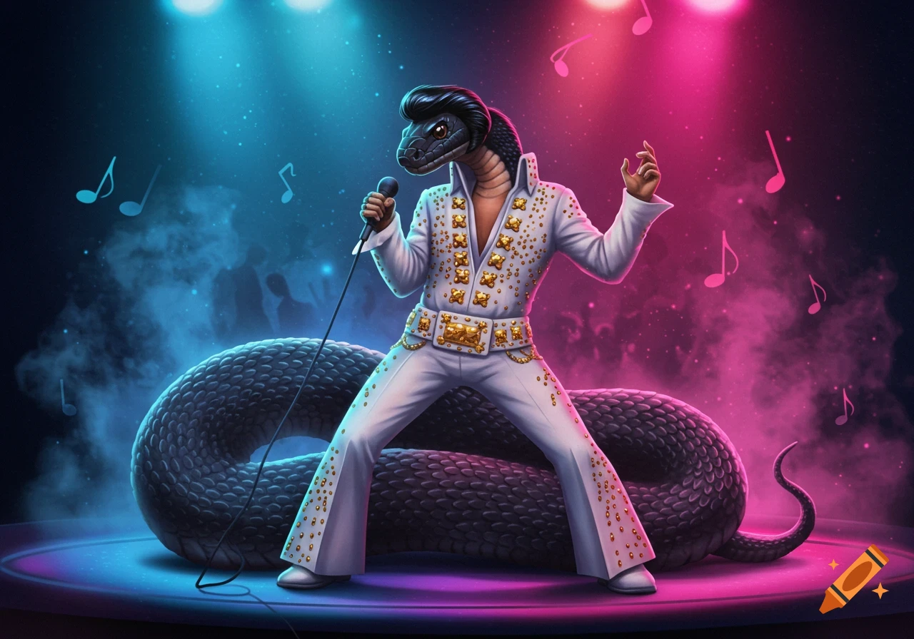 A black snake dressed as Elvis, holding a microphone and singing on a stage under blue and pink spotlights with musical notes floating around.