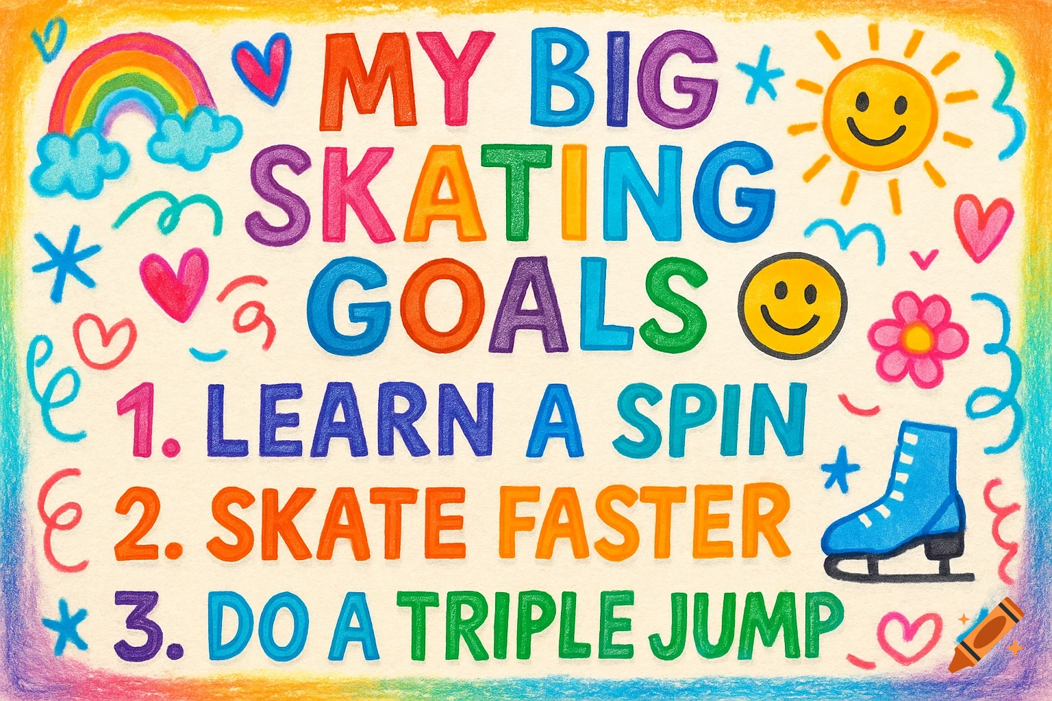 Colorful hand-drawn image with the title 'MY BIG SKATING GOALS' and a list of three goals: '1. LEARN A SPIN', '2. SKATE FASTER', '3. DO A TRIPLE JUMP', surrounded by doodles like a rainbow, sun, hearts, and a skate.