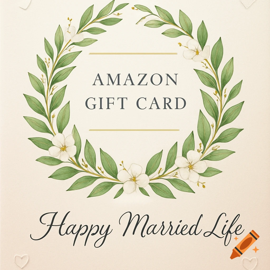 A wedding-themed Amazon gift card template with a green floral wreath and 'Happy Married Life' text.