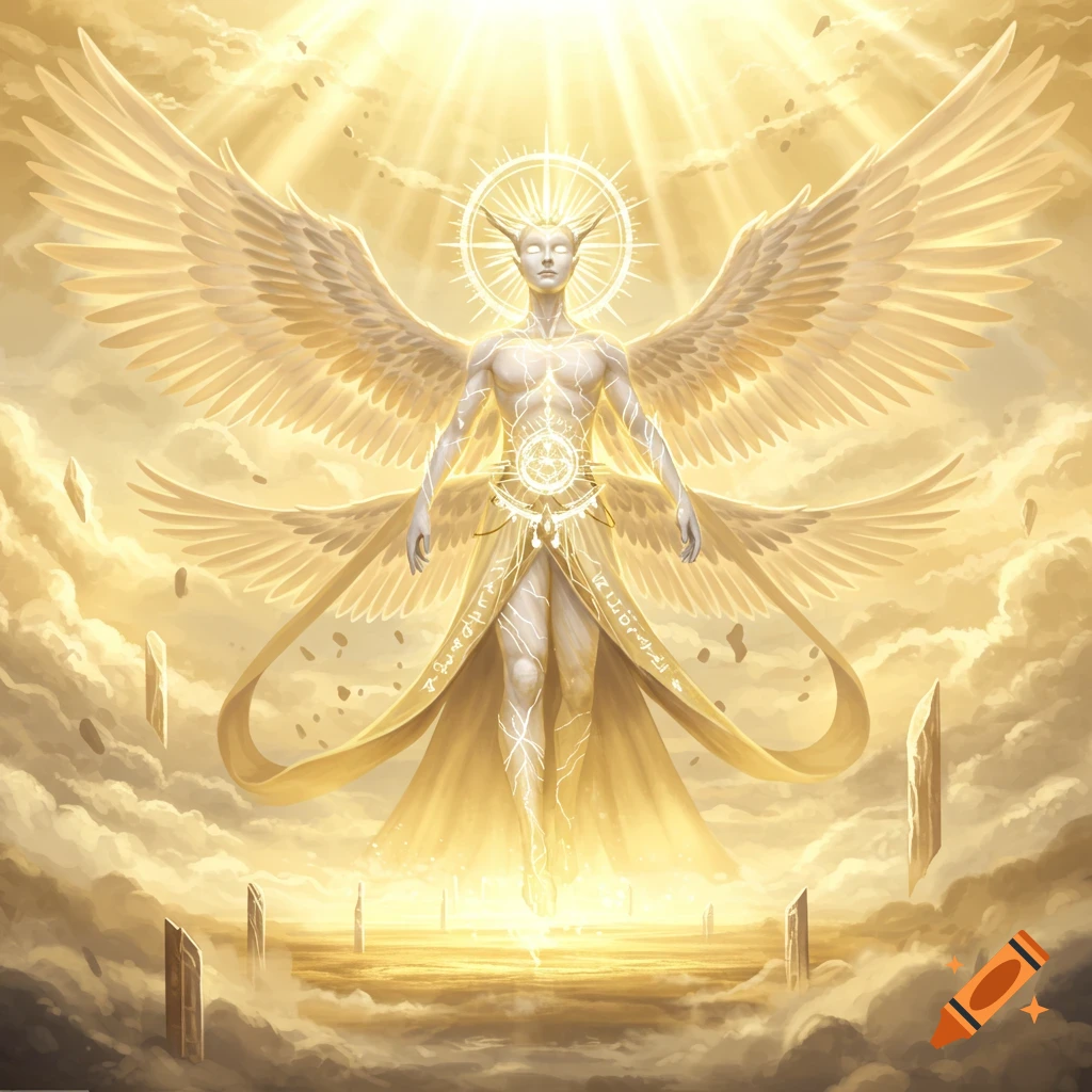 A radiant celestial being with large wings and glowing runes, hovering in a golden, cloud-filled sky with floating stone monoliths.