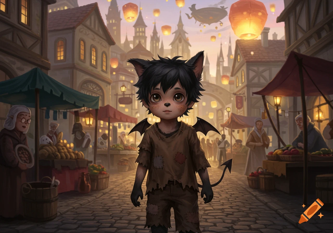 A young boy with black cat-like ears, small bat wings, and a tail stands in the middle of a cobblestone street in a fantasy city at dusk. The city has ornate buildings, market stalls, and floating lanterns in the sky.