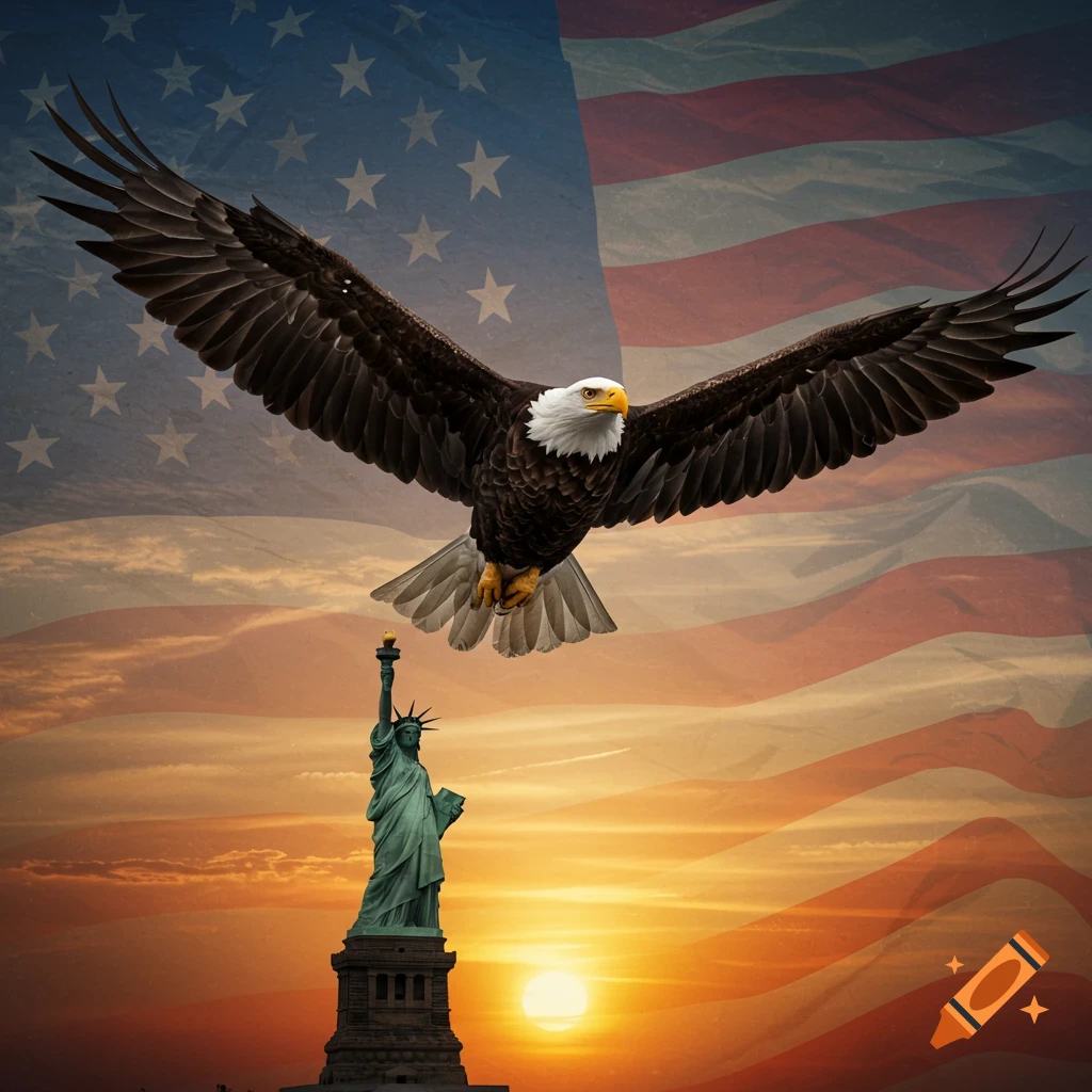 A majestic bald eagle flies with outstretched wings above the Statue of Liberty at sunset, against a backdrop of the American flag.