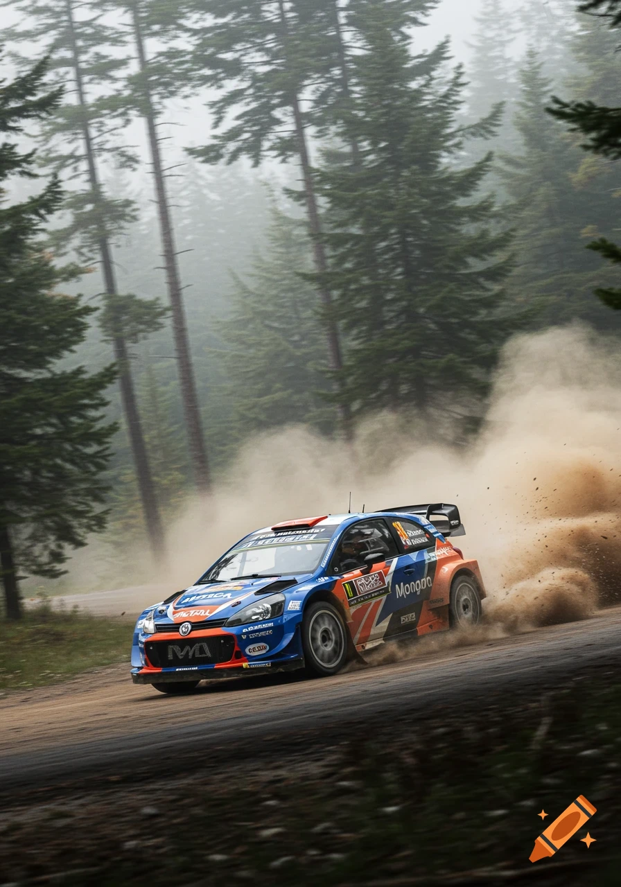 A blue and orange rally car kicks up dust on a dirt road through a misty forest.